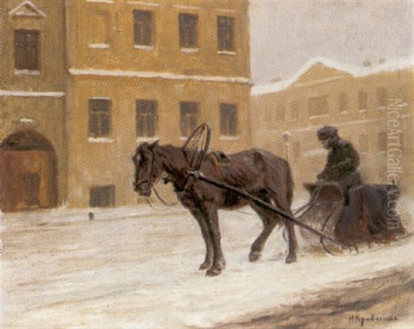 Schlittenfahrt In Einer Verschneiten Stadt Oil Painting by Nikolaj Iwanowitsch Krawtschenko