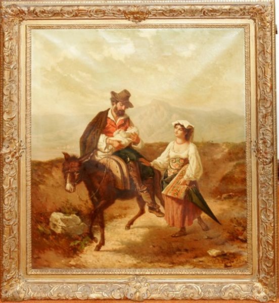 Two Figures Traveling With Child Oil Painting by Wilhelm Kray