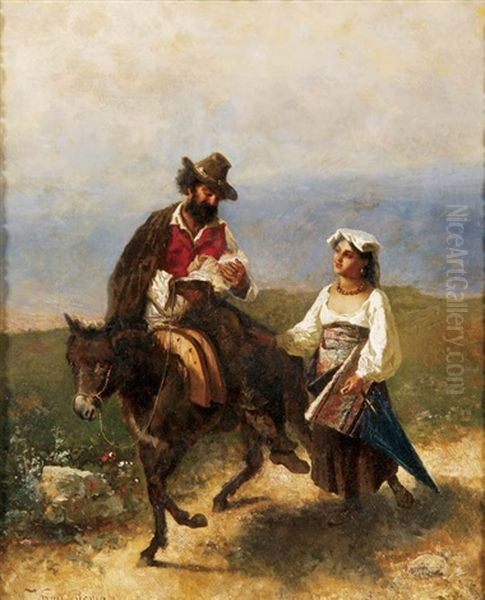 Peasant Couple With Baby Traveling On Donkey Oil Painting by Wilhelm Kray