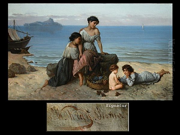 Zwei Neapolitanerinnen Mit Spielenden Kindern Am Ufer Oil Painting by Wilhelm Kray