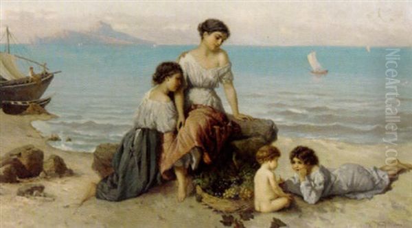 Flickor Pa Stranden Med Utsikt Mot Capri Oil Painting by Wilhelm Kray