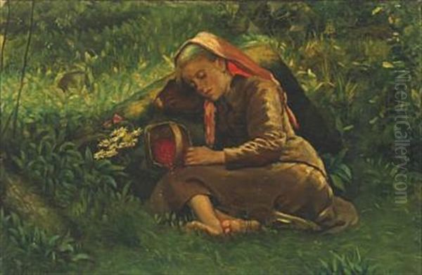 A Sleeping Girl In The Forest Floor Oil Painting by Johannes Cathrine Krebs