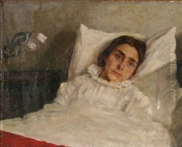 A Woman In Her Bed Oil Painting by Johannes Cathrine Krebs