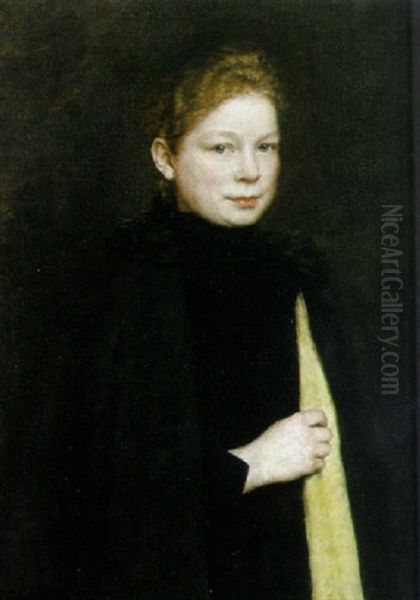 Portrait Einer Jungen Rotblonden Frau Im Dunklen Umhang Mit Gelber Stola Oil Painting by Johannes Cathrine Krebs