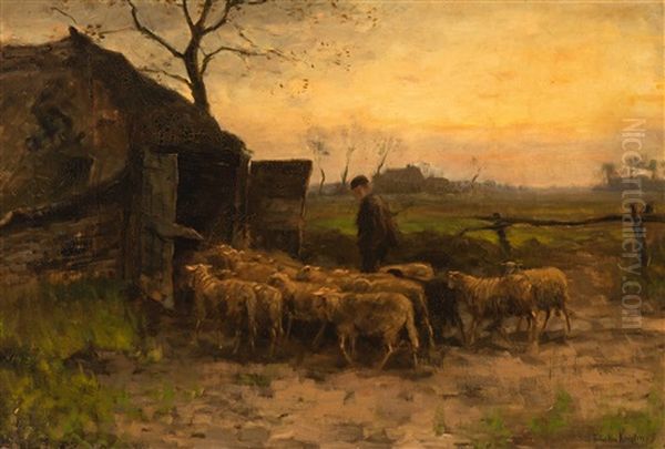 Sheep With Shepherd By The Pen Oil Painting by Fedor Van Kregten