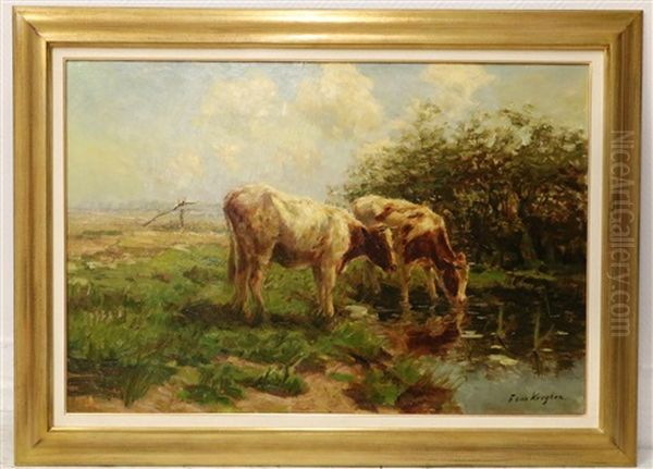 Twee Kalfjes Bij Een Waterpoel Oil Painting by Fedor Van Kregten