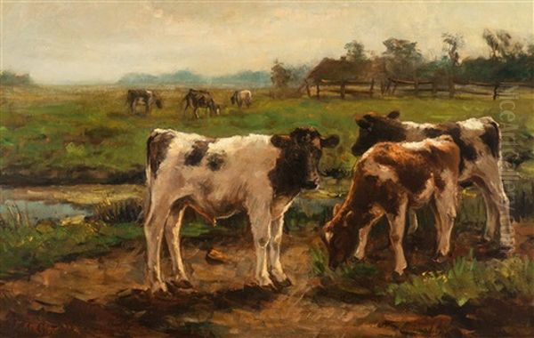 Calves In The Meadow Oil Painting by Fedor Van Kregten