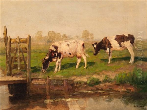 Two Cows By The Edge Of A Ditch Oil Painting by Fedor Van Kregten