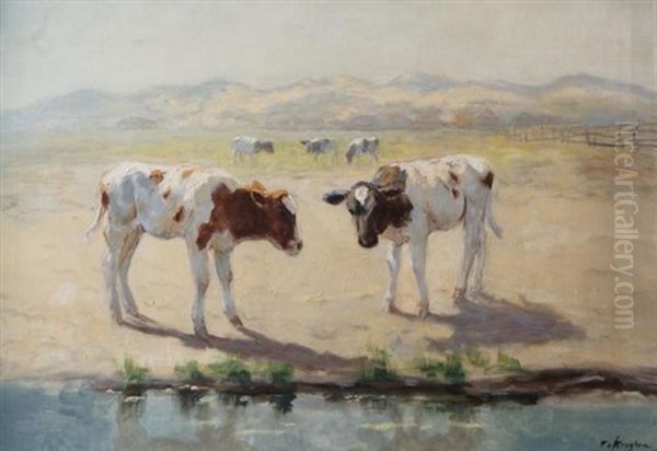 Cows In The Dunes Oil Painting by Fedor Van Kregten