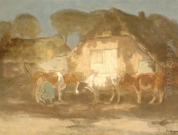 Milking Time In The Farmyard Oil Painting by Fedor Van Kregten