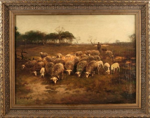 Schafer Mit Schafherde In Landschaft Oil Painting by Fedor Van Kregten