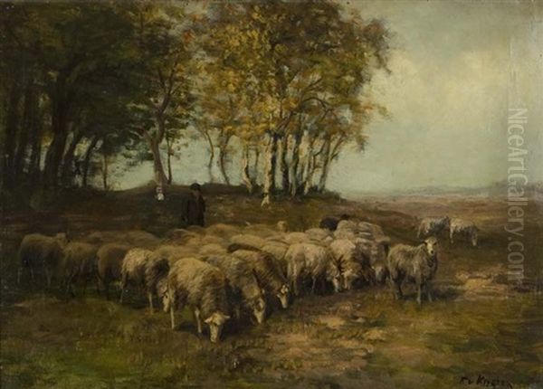 Landscape With Flock Of Sheep Oil Painting by Fedor Van Kregten