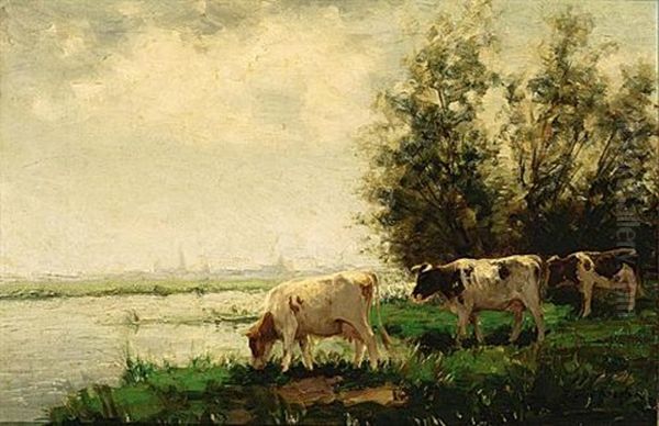 Cows In A Meadow (+ Another; 2 Works) Oil Painting by Fedor Van Kregten