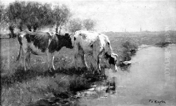 Kuhe An Einem Fluslauf Oil Painting by Fedor Van Kregten