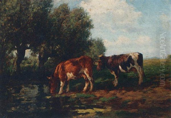 Watering Cows Oil Painting by Fedor Van Kregten