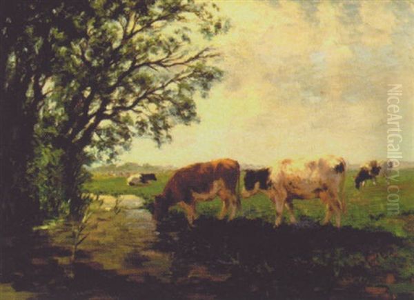 Cattle At Water Oil Painting by Fedor Van Kregten