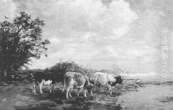 Cattle At Water Oil Painting by Fedor Van Kregten