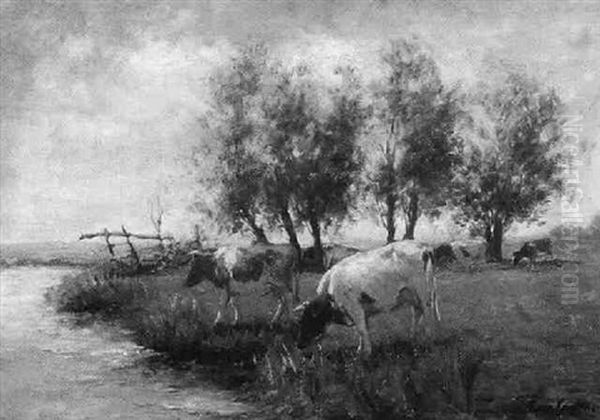 Cattle Watering By Meadow River Oil Painting by Fedor Van Kregten