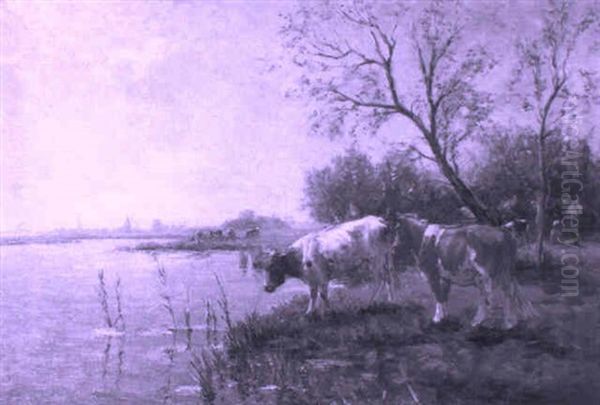 Wooded River Landscape With Cows Oil Painting by Fedor Van Kregten