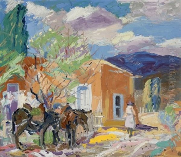 Outskirts Of Santa Fe, Tethered Mules Oil Painting by Albert H. Krehbiel