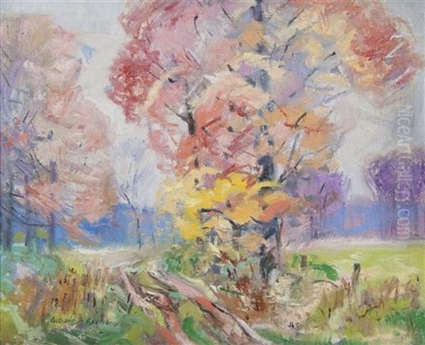 Pink And Yellow Tree Oil Painting by Albert H. Krehbiel