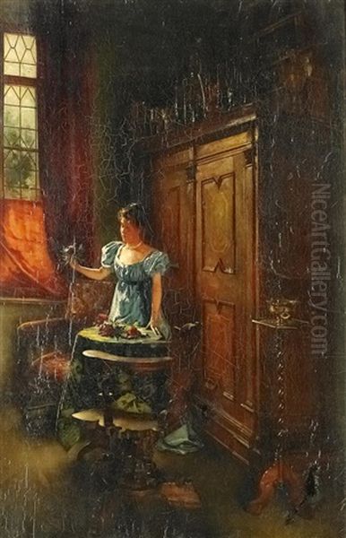 Junge Frau Rosen Betrachtend Oil Painting by Wilhelm Kreling