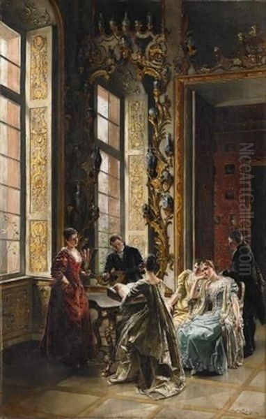 Musizierende Rokkoko-gesellschaft Im Salon. Auf Den Rocaillen Zahlreicher Porzellanschmuck Oil Painting by Wilhelm Kreling