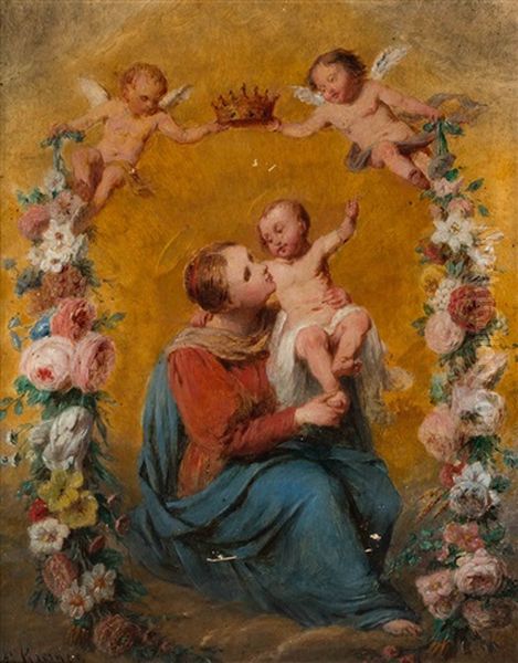 Madonna And Child In A Garlant Of Roses Oil Painting by Pierre Kremer