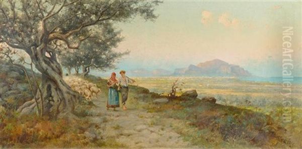 Schaferpaar Vor Kustenlandschaft Oil Painting by Eremino Kremp