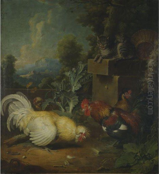 Roosters And Cats Oil Painting by Jacob Samuel Beck