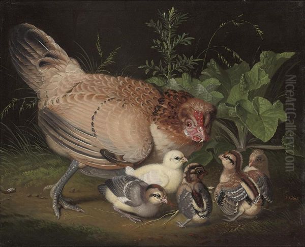 A Hen And Chicks In A Landscape Oil Painting by Jacob Samuel Beck