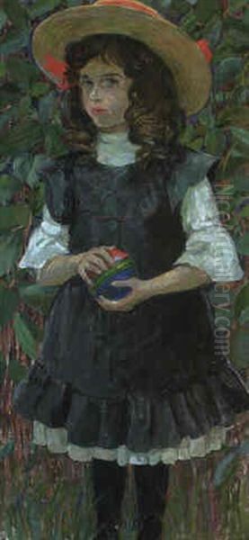 Madchen Mit Strohhut Und Ball Oil Painting by Carl Krenek