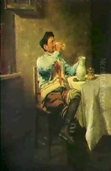 A Well Earned Rest- Interior Med Sittande Man Oil Painting by Edmund Frederic Arthur Krenn