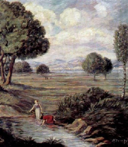 Fruhlingslandschaft Mit Wascherinnen Oil Painting by Oskar Krenzer