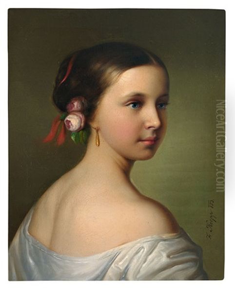 Portrait Eines Jungen Madchens Mit Rosenbluten Im Haar Und Goldenem Pendeloque Oil Painting by Friedrich Krepp