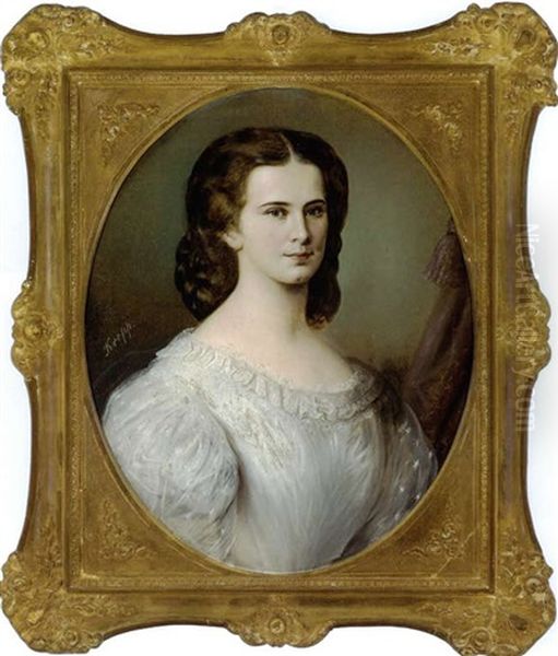 Portrait Der Kaiserin Elisabeth Von Osterreich Im Weissen Kleid Oil Painting by Friedrich Krepp