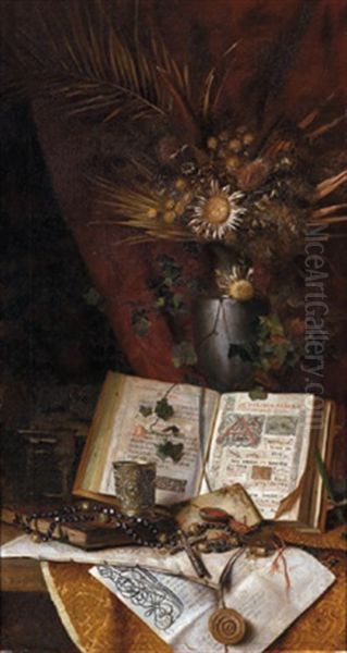 Stilleben Mit Einem Trockenblumenarrangement, Einem Aufgeschlagenen Antiphonar, Einem Silberbecher, Einem Rosenkranz Und Einer Urkunde Oil Painting by Michael Kress