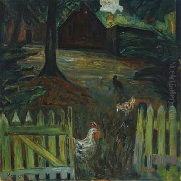 Farmyard With Hens Oil Painting by Kresten Krestensen