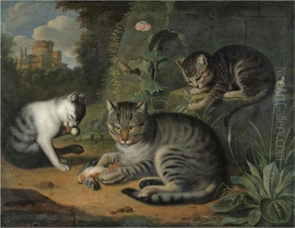 A Still Life With A Cat And Two Kittens In A Landscape Oil Painting by Jacob Samuel Beck