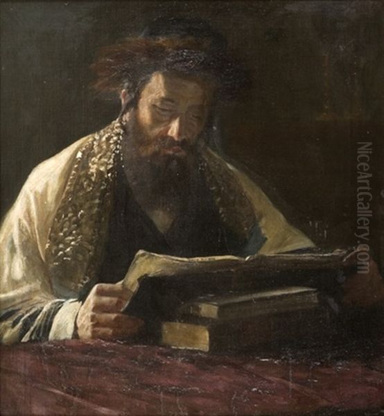 Rabbi Studying Oil Painting by Lazar Krestin