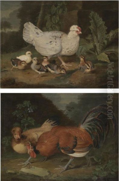 A Landscape With A Cockrel And A Hen;
 A Landscape With A Hen And Her Chicks Oil Painting by Jacob Samuel Beck