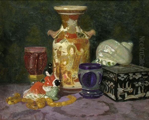 Stilleben Mit Japanischer Satsuma-vase, Schmuckkastchen Mit Schildpattdekor Und Muschel Oil Painting by Lazar Krestin