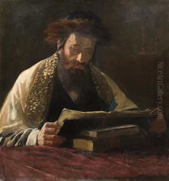 Rabbi Studying Oil Painting by Lazar Krestin