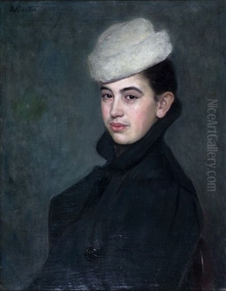 Woman With A White Hat Oil Painting by Lazar Krestin