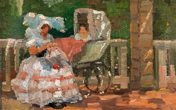 Strickende Dame Mit Kinderwagen Oil Painting by Frieda Kretschmann Winckelmann