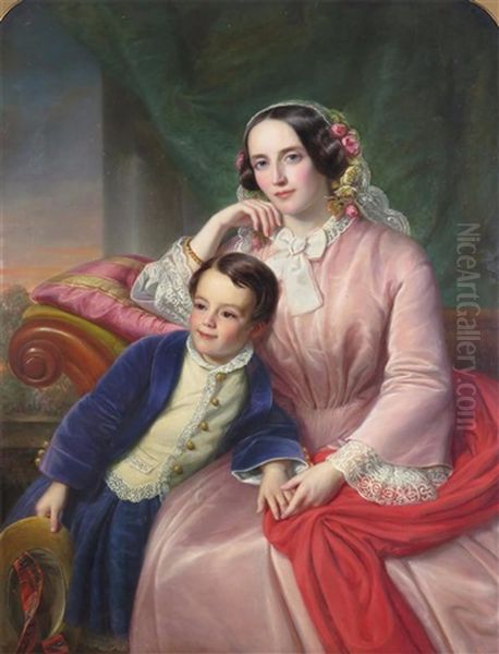 Portrait Of A Mother And Son Seated In An Interior Oil Painting by Johann Hermann Kretzschmer