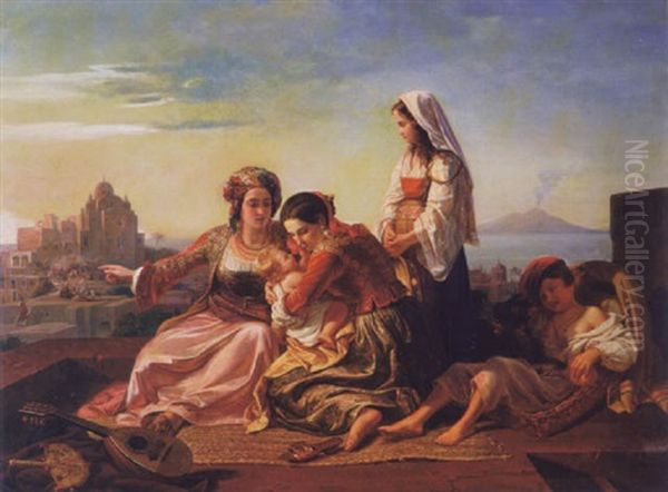 Amusing The Baby, The Bay Of Naples In The Distance Oil Painting by Johann Hermann Kretzschmer