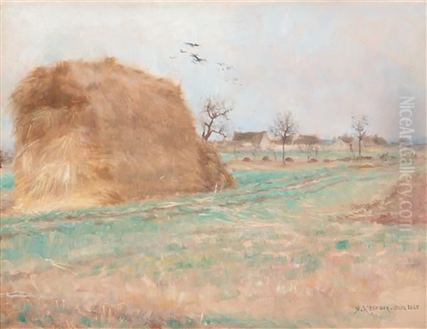 Halmstack Pa Akern (haystack In The Field) Oil Painting by Nils Kreuger