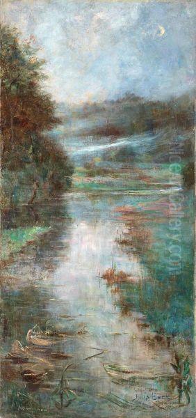 Misty River Landscape, Normandy Oil Painting by Julia Beck