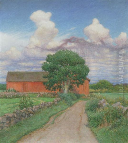 Melby Lada - Sommarlandskap Med Vag Och Rod Byggnad Oil Painting by Nils Kreuger